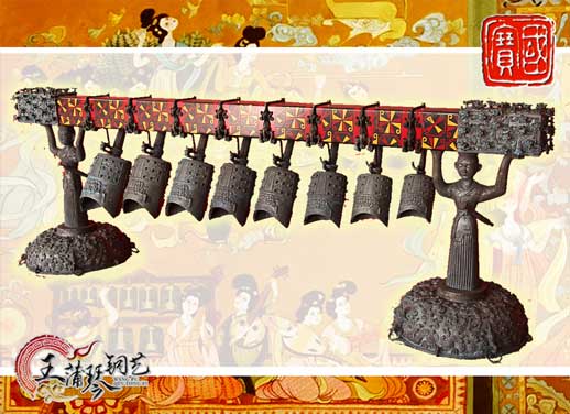 8件古編鐘，銅人銅座裝飾，可發(fā)音